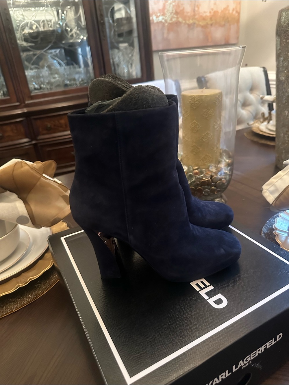 Slightly Worn Size 8 Karl Lagerfeld Navy Suede Sculpted Heel Ankle Boots.